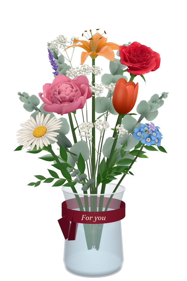 A digital bouquet with a peony, a rose and a lily in a glass vase with the ribbon ‘For you’